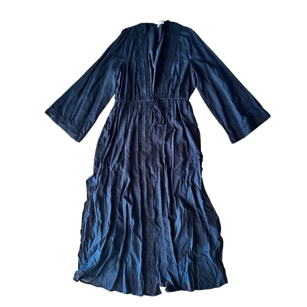 Abercrombie & Fitch Tie Front Lace Trim Maxi Dress Swim Coverup Black S/M